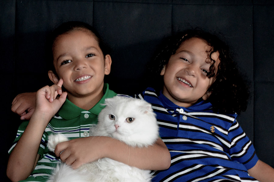 two boys with cat